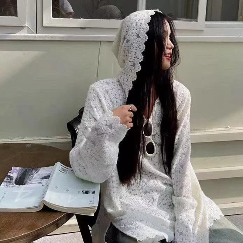 Street Fashion Korea - Y2K Кружевные рубашки с капюшоном Женская